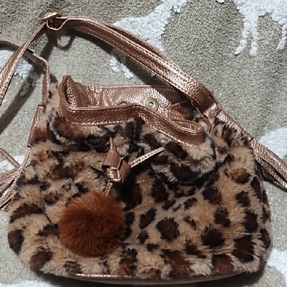 Leopard Print Faux Fur Shoulder Bag with Pom-Pom